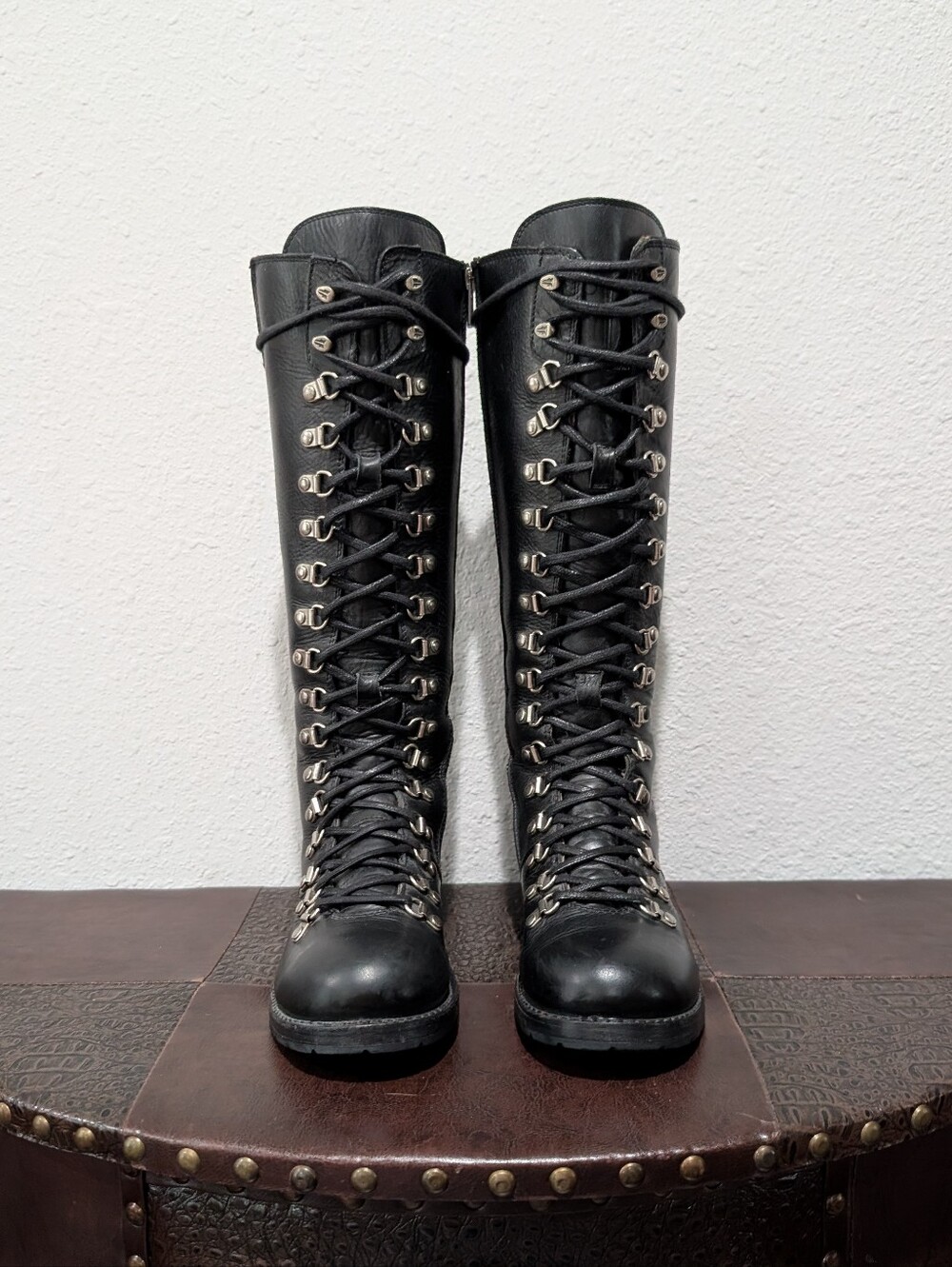 VTG Frye Rogan Tall Black Leather Combat Lace-Up Side-Zip Boots Size 7.5 - Picture 9 of 16